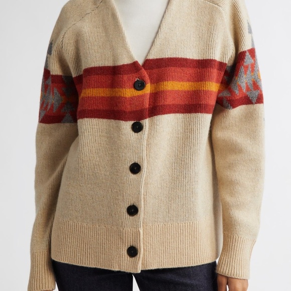 Pendleton Cream and Red Cardigan Sweater Oversized Wool Blend